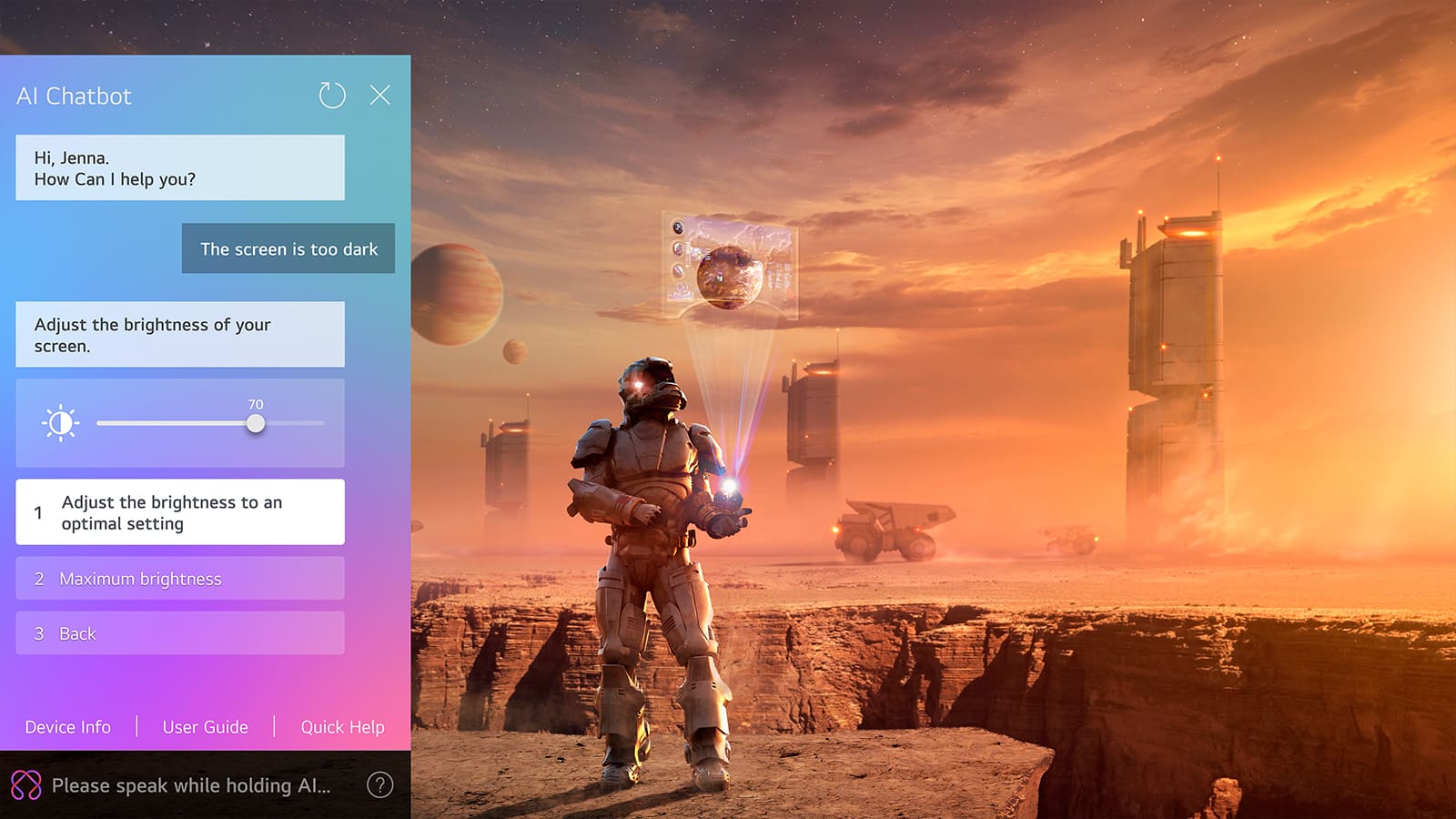 Naučno-fantastični sadržaj se reprodukuje na LG OLED TV ekranu. Na levoj strani ekrana je interfejs usluge AI Chatbot. Korisnik šalje poruku robotu za ćaskanje da je ekran previše taman i robot za ćaskanje nudi rešenja za zahtev.