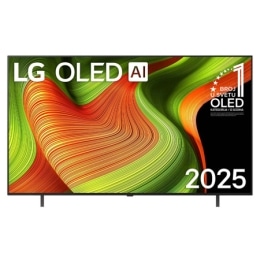 Prikaz sa prednje strane LG OLED AI B5 4K pametnog televizora. 12 godina na 1. mestu u svetu, OLED amblem i logotip LG OLED AI 2025 su na ekranu.2