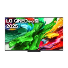 Prikaz sa prednje strane LG QNED evo TV-a, sa logotipom LG QNED evo Al u gornjem središnjem delu. LG QNED evo TV prikazuje šarene teksture poput boja koje se spajaju.2