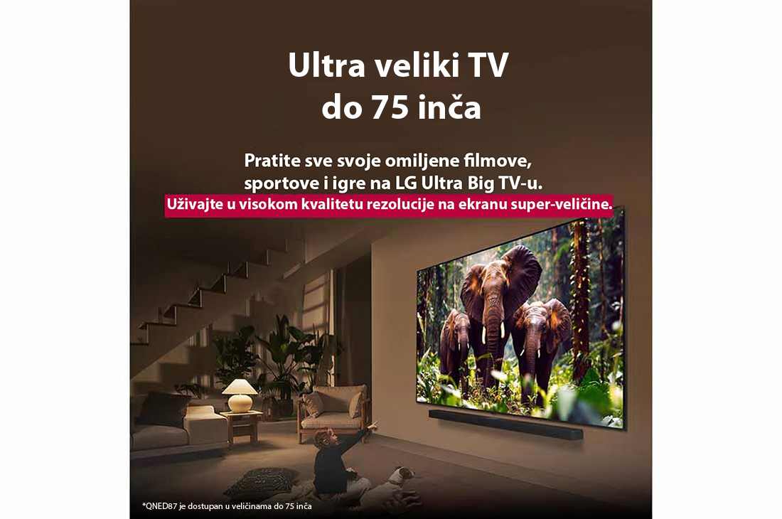 LG 50 inčni LG QNED evo AI QNED87 4K Smart televizor 2025, Devojka i pas sede ispred LG QNED TV-a postavljenog na zid koji prikazuje tri slona koji hodaju napolju iznad LG Soundbar-a. Naslov govori o tome kako je svaka radnja uzbudljivija na velikom ekranu., 50QNED87A3D, thumbnail 8
