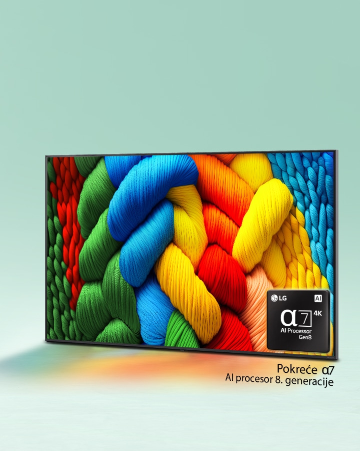 LG NanoCell TV je blago nagnut i okrenut nalevo, a prikazuje šarene niti. Logotip alpha 7 AI procesora 8. generacije je u donjem desnom uglu televizora. Pozadina je svetlotirkizni gradijent. Logotip LG NanoCell AI nalazi se u donjem levom uglu. Vidljiv je i tekst „Pokreće alpha 7 AI procesor 8. generacije”.