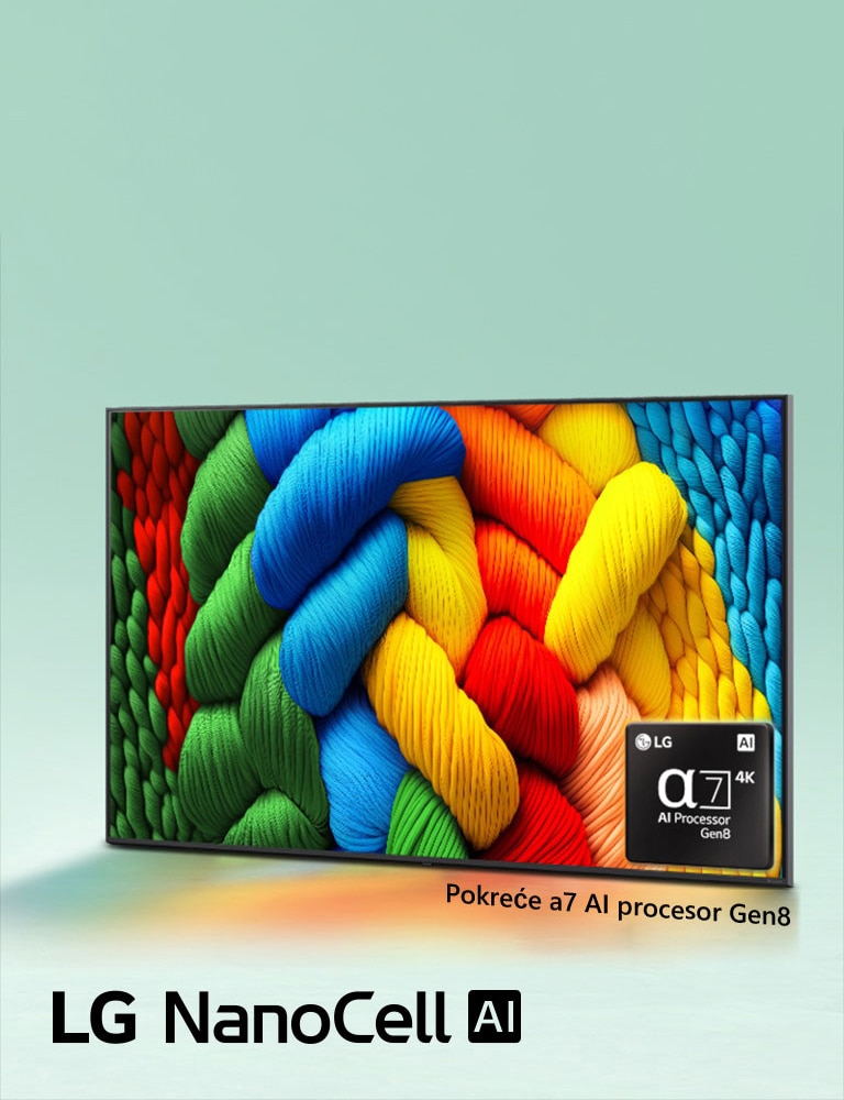 LG NanoCell TV je blago nagnut i okrenut nalevo, a prikazuje šarene niti. Logotip alpha 7 AI procesora 8. generacije je u donjem desnom uglu televizora. Pozadina je svetlotirkizni gradijent. Logotip LG NanoCell AI nalazi se u donjem levom uglu. Vidljiv je i tekst „Pokreće alpha 7 AI procesor 8. generacije”.