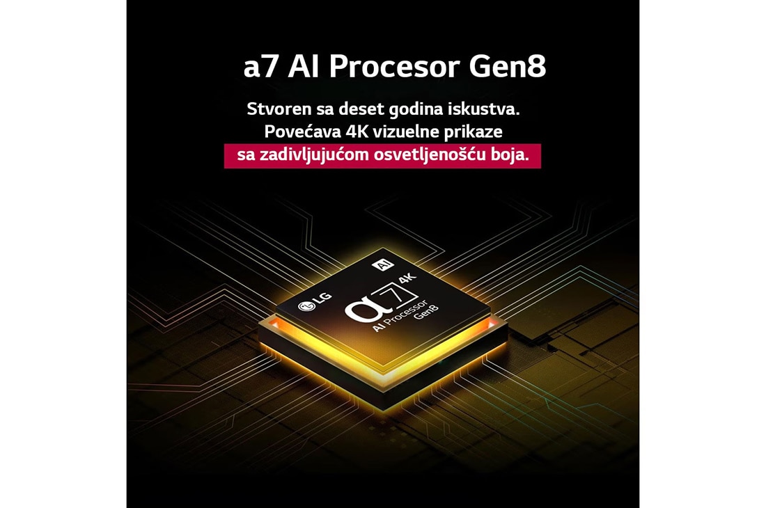 LG 65-inčni LG NanoCell AI NANO90 4K pametni televizor 2025, Alpha 7 AI procesor 8. generacije svetli žuto, a iz njega izlaze raznobojne svetlosne munje. Naslov govori o tome kako procesor pruža 4K kvalitet, zadivljujuće boje i osvetljenost., 65NANO90A3B, thumbnail 5