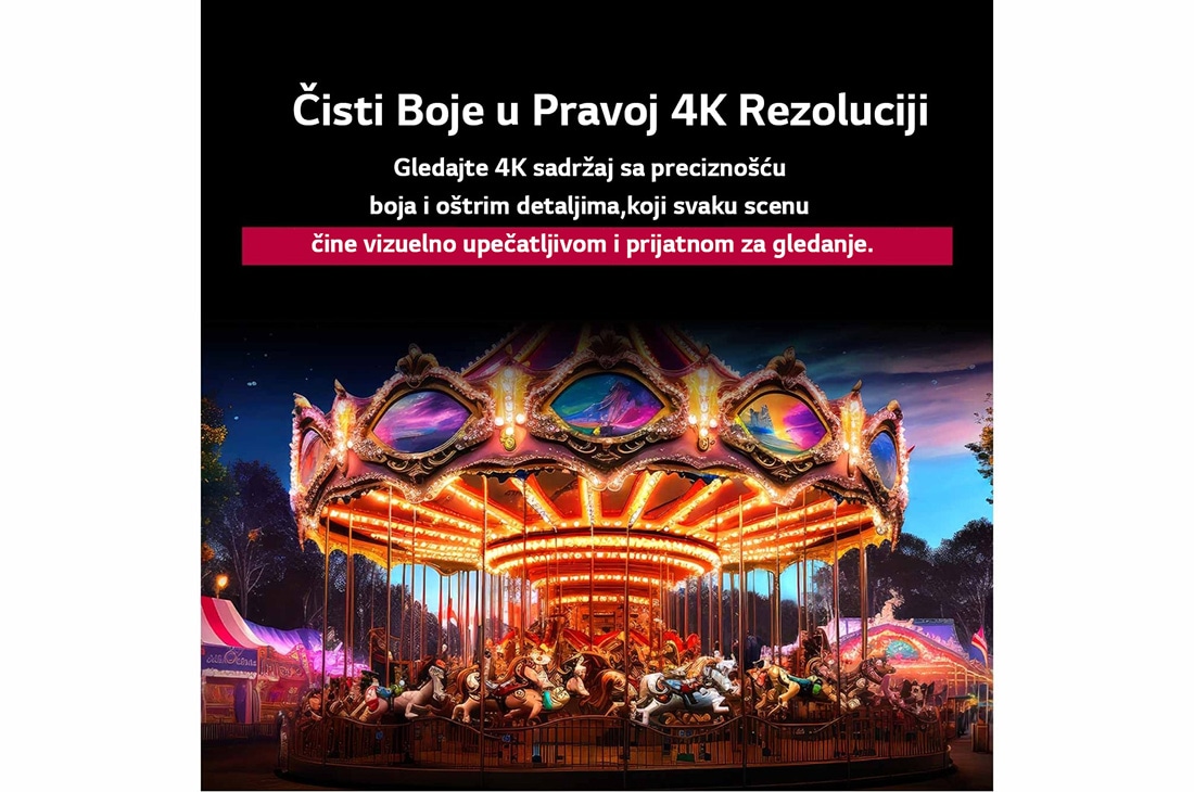 LG 65-inčni LG NanoCell AI NANO80 4K pametni televizor 2025, Slika podeljena po sredini koja prikazuje poređenje „pre i posle” čistih boja u rezoluciji Real 4K. Leva strana vrteške je oštra i šarena, dok je desna bleda. Naslov govori o tome kako svaka scena pos, 65NANO80A3B, thumbnail 7