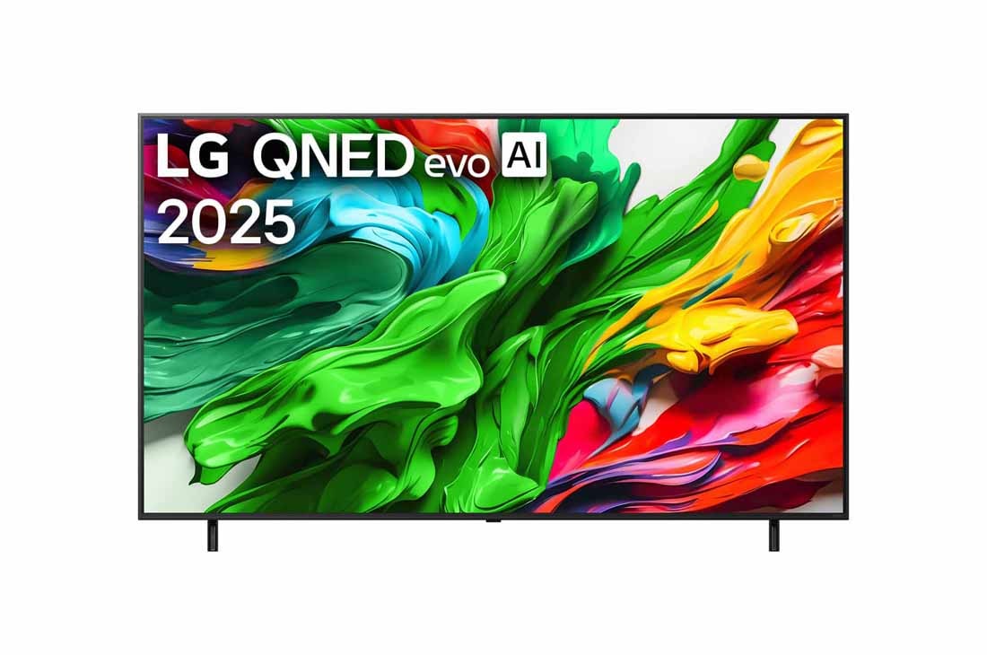LG 86-inčni LG QNED evo AI QNED85 4K Smart televizor 2025, Prikaz sa prednje strane LG QNED evo TV-a, sa logotipom LG QNED evo Al u gornjem središnjem delu. LG QNED evo TV prikazuje šarene teksture poput boja koje se spajaju., 86QNED85A3C