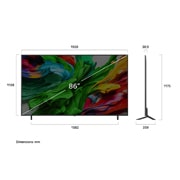 LG 86 inčni LG QNED evo AI QNED86 4K Smart televizor 2025, Prikaz sa prednje i bočne strane LG QNED evo AI 4K pametnog televizora koji prikazuje njegove dimenzije dužine, širine, visine i dubine., 86QNED86A3A, thumbnail 4