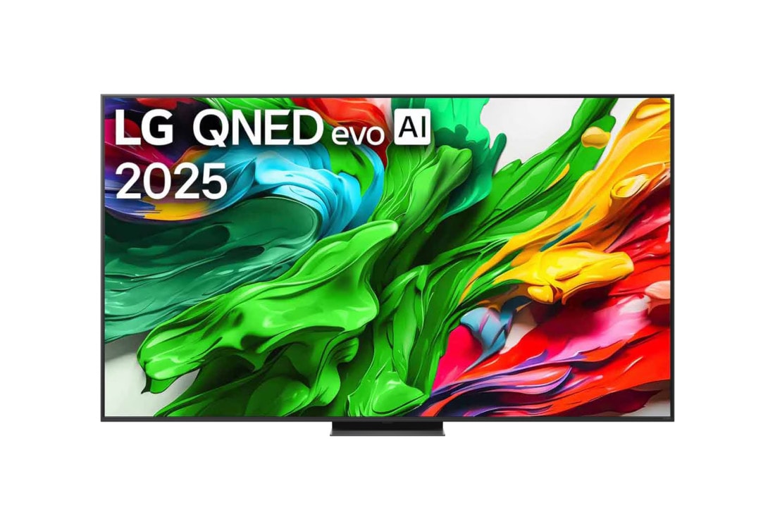 LG 86-inčni LG QNED evo AI QNED86 4K Smart televizor 2025, Prikaz sa prednje strane LG QNED evo TV-a, sa logotipom LG QNED evo Al u gornjem središnjem delu. LG QNED evo TV prikazuje šarene teksture poput boja koje se spajaju., 86QNED86A3A