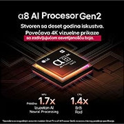 LG 100-inčni LG QNED evo AI QNED86 4K pametni televizor 2025, Alpha 8 AI procesor 2. generacije svetli narandžasto i roze, a iz njega izlaze raznobojne svetlosne munje. Naslov govori o tome kako procesor pruža 4K kvalitet, zadivljujuće boje i osvetljenost. Na sl, 100QNED86A6, thumbnail 5