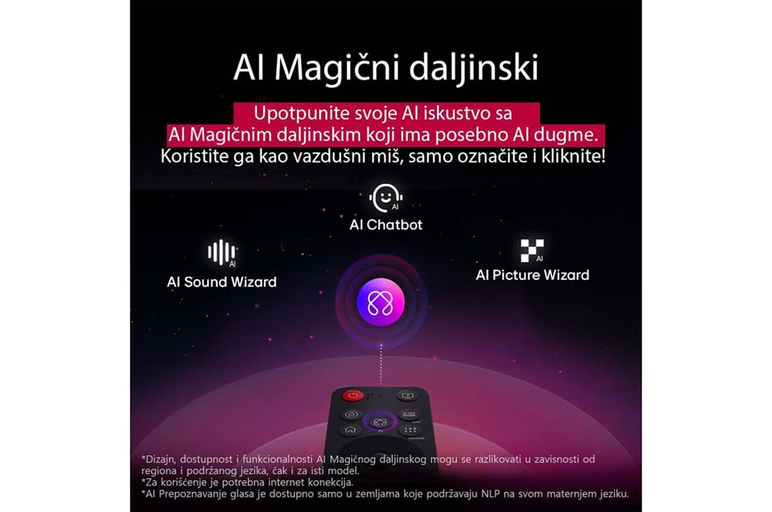 LG 100-inčni LG QNED evo AI QNED86 4K pametni televizor 2025, 'LG AI Magic Remote je u prvom planu. Ikona AI dugmeta je istaknuta. U pozadini je LG webOS korisnički interfejs. Kursor miša označava da se daljinski upravljač koristi. Tekst objašnjava kako funkcije, 100QNED86A6, thumbnail 10
