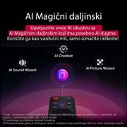 LG 100-inčni LG QNED evo AI QNED86 4K pametni televizor 2025, 'LG AI Magic Remote je u prvom planu. Ikona AI dugmeta je istaknuta. U pozadini je LG webOS korisnički interfejs. Kursor miša označava da se daljinski upravljač koristi. Tekst objašnjava kako funkcije, 100QNED86A6, thumbnail 10