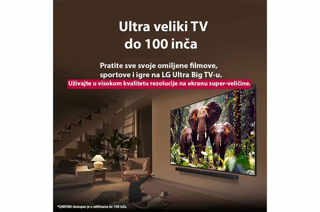 LG 100-inčni LG QNED evo AI QNED86 4K pametni televizor 2025, Devojka i pas sede ispred LG QNED TV-a postavljenog na zid koji prikazuje tri slona koji hodaju napolju iznad LG Soundbar-a. Naslov govori o tome kako je svaka radnja uzbudljivija na velikom ekranu., 100QNED86A6, thumbnail 9