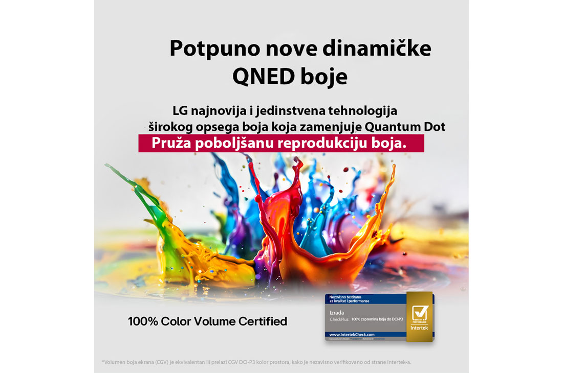 LG 86 inčni LG QNED evo AI QNED86 4K Smart televizor 2025, Različite boje prskaju sa poda. Intertrek sertifikat za 100% intenzivne boje do DCI-P3. Naslov govori o novoj i jedinstvenoj tehnologiji širokog spektra boja kompanije LG koja vam omogućava da vidite , 86QNED86A3A, thumbnail 6
