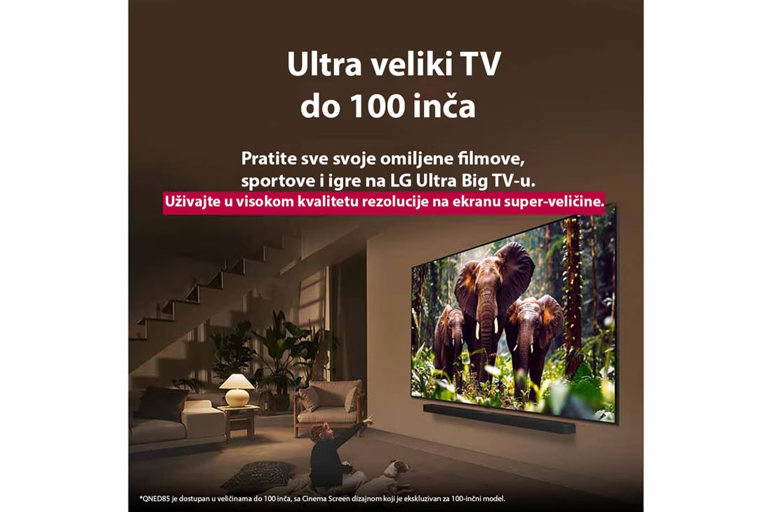 LG 86 inčni LG QNED evo AI QNED86 4K Smart televizor 2025, Devojka i pas sede ispred LG QNED TV-a postavljenog na zid koji prikazuje tri slona koji hodaju napolju iznad LG Soundbar-a. Naslov govori o tome kako je svaka radnja uzbudljivija na velikom ekranu., 86QNED86A3A, thumbnail 9