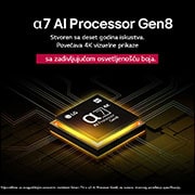 LG 65 inčni LG UHD AI UA75 4K Smart televizor 2025, Alpha 7 AI procesor 8. generacije svetli žuto, a iz njega izlaze raznobojne svetlosne munje. Naslov govori o tome kako procesor pruža 4K kvalitet, zadivljujuće boje i osvetljenost., 65UA75003LA, thumbnail 5