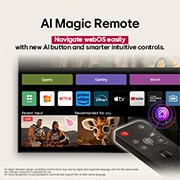 LG 65 inčni LG UHD AI UA75 4K Smart televizor 2025, LG AI Magic Remote je u prvom planu. Ikona AI dugmeta je istaknuta. U pozadini je LG webOS korisnički interfejs. Kursor miša označava da se daljinski upravljač koristi. Tekst objašnjava kako funkcije , 65UA75003LA, thumbnail 9
