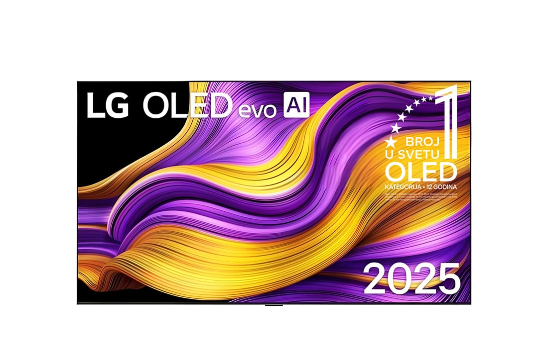 LG 77-inčni LG OLED evo AI G5 4K Smart TV 2025, Prikaz sa prednje strane LG OLED evo AI G5 4K pametnog televizora. 12 godina na 1. mestu u svetu, OLED amblem i logotip LG OLED evo AI 2025 su na ekranu., OLED77G51LW