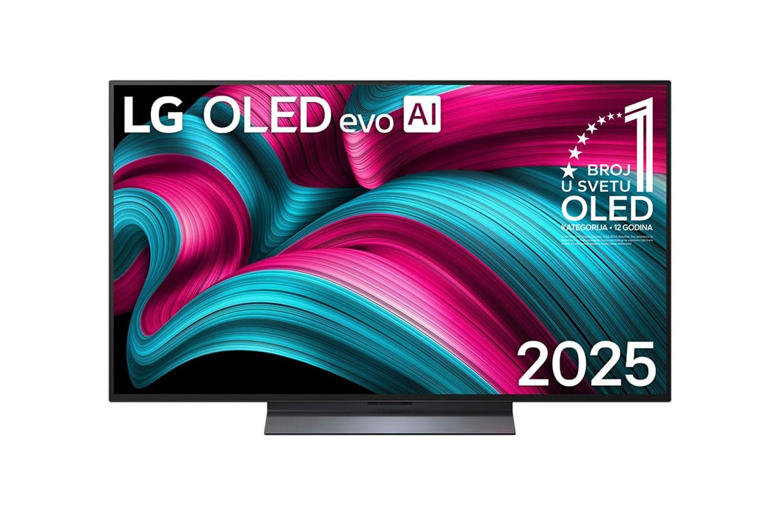 LG 65-inčni LG OLED evo AI C5 4K pametni televizor 2025, Prikaz sa prednje strane LG OLED evo AI C5 4K pametnog televizora. 12 godina na 1. mestu u svetu, OLED amblem i logotip LG OLED evo AI 2025 su na ekranu., OLED65C51LA