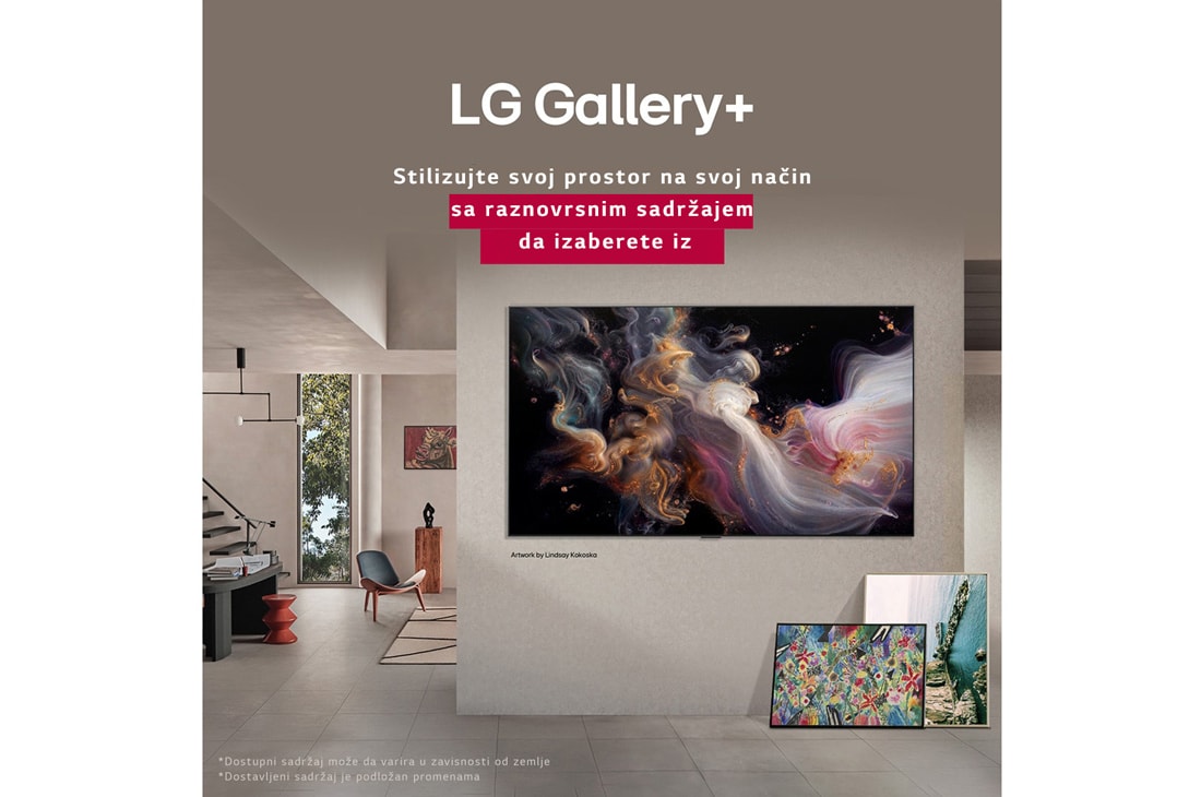 LG 65-inčni LG QNED evo AI QNED92 4K pametni televizor 2025, Enterijer prefinjenog doma. Izloženo je mnogo različitih umetničkih dela. Na sredini zida je LG TV s umetničkim delom na ekranu. TV izgleda poput slike iz muzeja., 65QNED92A6A, thumbnail 11