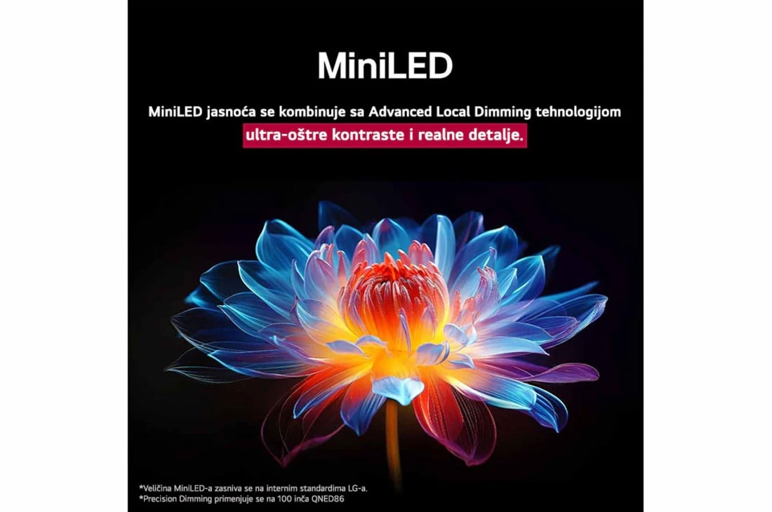 LG 65 inčni LG QNED evo AI QNED85 4K pametni televizor 2025, Položena slika pećine koja gleda ka čistom plavom nebu podeljena je po sredini, pri čemu je jedna polovina slike bleda, dok druga prikazuje oštar kontrast. U donjem levom uglu je mala slika koja prika, 65QNED85A3C, thumbnail 8