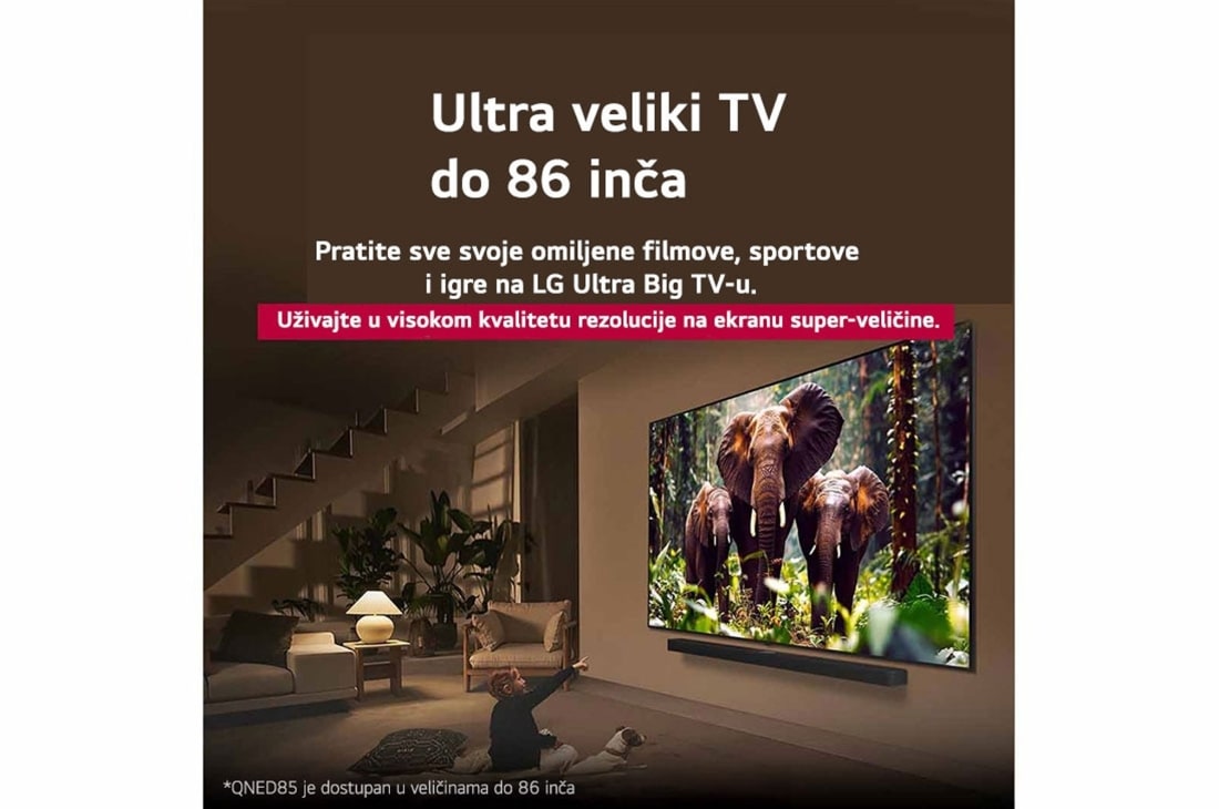 LG 65 inčni LG QNED evo AI QNED85 4K pametni televizor 2025, Na ekranu LG QNED TV-a nalazi se početna stranica webOS 25 puna aplikacija i zabavnih sadržaja. Pored televizora je LG Al Magic Remote, dugme Al je istaknuto kao da ga aktivira glas korisnika. Oblačić, 65QNED85A3C, thumbnail 9