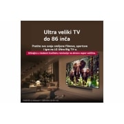 LG 65 inčni LG QNED evo AI QNED85 4K pametni televizor 2025, Na ekranu LG QNED TV-a nalazi se početna stranica webOS 25 puna aplikacija i zabavnih sadržaja. Pored televizora je LG Al Magic Remote, dugme Al je istaknuto kao da ga aktivira glas korisnika. Oblačić, 65QNED85A3C, thumbnail 9