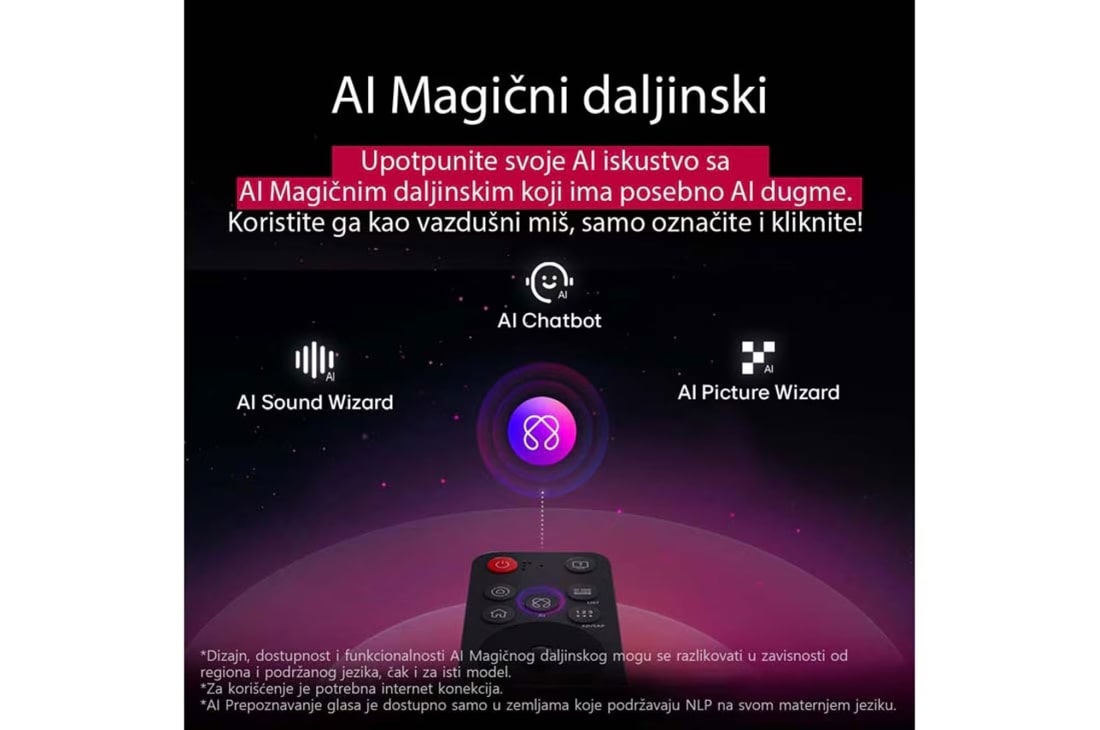 LG 75 inčni LG QNED evo AI QNED85 4K pametni televizor 2025, LG AI Magic Remote je u prvom planu. Ikona AI dugmeta je istaknuta. U pozadini je LG webOS korisnički interfejs. Kursor miša označava da se daljinski upravljač koristi. Tekst objašnjava kako funkcije , 75QNED85A3C, thumbnail 10