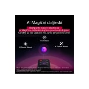 LG 75 inčni LG QNED evo AI QNED85 4K pametni televizor 2025, LG AI Magic Remote je u prvom planu. Ikona AI dugmeta je istaknuta. U pozadini je LG webOS korisnički interfejs. Kursor miša označava da se daljinski upravljač koristi. Tekst objašnjava kako funkcije , 75QNED85A3C, thumbnail 10