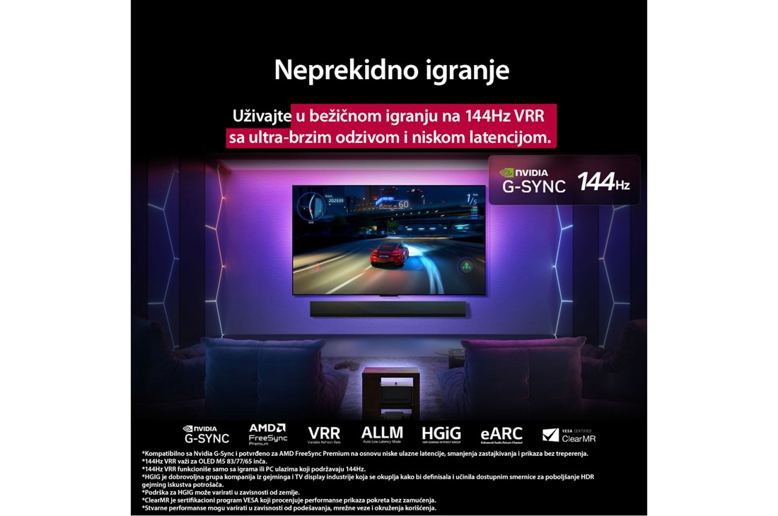 LG 65-inčni LG OLED evo M5 4K Smart TV, LG OLED M5 TV na čijem ekranu se prikazuje tečna i nesmetana igra. Zero Connect Box se vidi, ali se lepo uklapa u prostor. Vidljivi su sertifikati povezani s igrom. U tekstu se govori o izuzetno brzom, OLED65M59LA, thumbnail 4