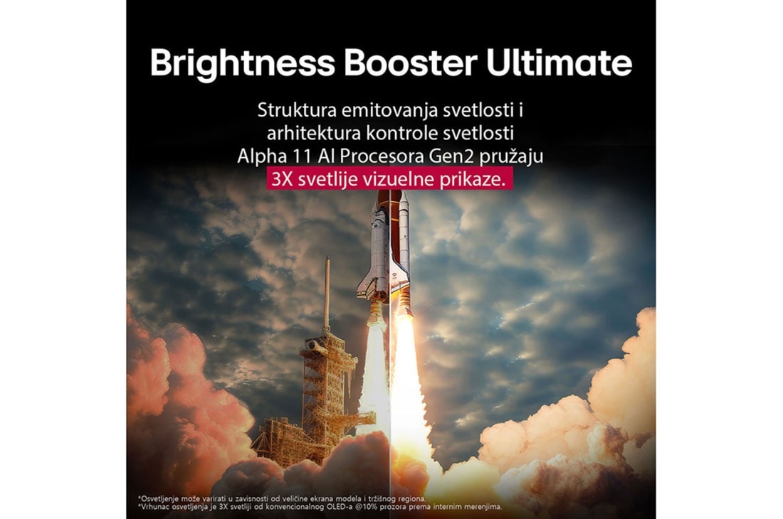 LG 65-inčni LG OLED evo M5 4K Smart TV, Spejs šatl se lansira sa zemlje. Scena je podeljena po sredini, pri čemu je jedna polovina nešto tamnija i bez živosti. Druga polovina prikazuje kako je eksplozija rakete izuzetno svetla, pokazujući k, OLED65M59LA, thumbnail 6