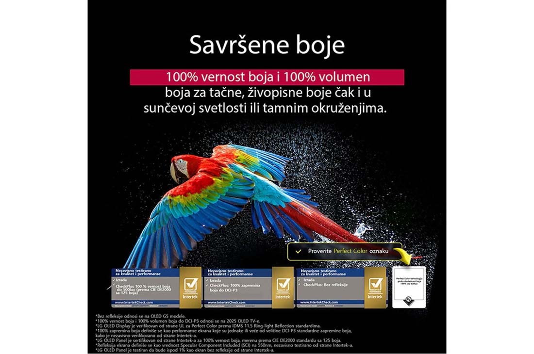 LG 65-inčni LG OLED evo M5 4K Smart TV, Raznobojan papagaj u ultravisokoj rezoluciji naspram crne pozadine. Oko njega su u vazduhu kapljice vode. Živopisna slika koja prikazuje tehnologiju Perfect Color sa živopisnim i jarkim nijansama na t, OLED65M59LA, thumbnail 8