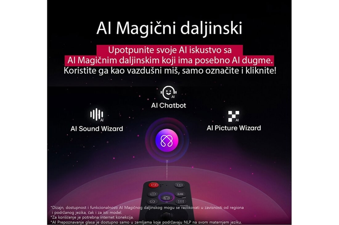 LG 65-inčni LG OLED evo M5 4K Smart TV, LG AI Magic Remote s istaknutim AI dugmetom. Oko njega su različite funkcionalnosti kojima korisnik može da pristupi preko dugmeta. AI Voice ID, AI Search, AI Chatbot, AI Concierge, AI Picture Wizard,, OLED65M59LA, thumbnail 9