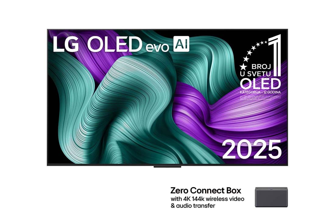 LG 65-inčni LG OLED evo M5 4K Smart TV, Prikaz sa prednje strane LG OLED M5 TV-a. 12 godina na 1. mestu u svetu, OLED amblem i logotip LG OLED evo AI 2025 su na ekranu. U uglu je Zero Connect Box s naslovom, Zero Connect Box s 4K 144Hz beži, OLED65M59LA