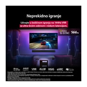 LG 65-inčni LG OLED evo M5 4K Smart TV, LG OLED M5 TV na čijem ekranu se prikazuje tečna i nesmetana igra. Zero Connect Box se vidi, ali se lepo uklapa u prostor. Vidljivi su sertifikati povezani s igrom. U tekstu se govori o izuzetno brzom, OLED65M59LA, thumbnail 4