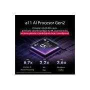 LG 65-inčni LG OLED evo M5 4K Smart TV, Alpha 11 AI procesor 2. generacije prikazan na tamnoj pozadini. Svetli ljubičastom i plavom svetlošću iznutra, osvetljavajući kola mikročipova oko sebe. Naslov govori o tome kako procesor za LG OLED e, OLED65M59LA, thumbnail 5