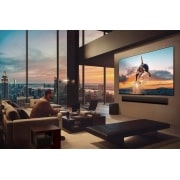LG 65-inčni LG OLED evo M5 4K Smart TV, Prostrana dnevna soba s pogledom na gradski pejzaž. LG OLED TV je postavljen na zid sa LG Soundbar-om. One Wall Design dizajn TV-a omogućava mu da bude u ravni sa zidom i da se dobro uklopi u prostor., OLED65M59LA, thumbnail 11