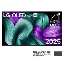 Prikaz sa prednje strane LG OLED M5 TV-a. 12 godina na 1. mestu u svetu, OLED amblem i logotip LG OLED evo AI 2025 su na ekranu. U uglu je Zero Connect Box s naslovom, Zero Connect Box s 4K 144Hz beži2