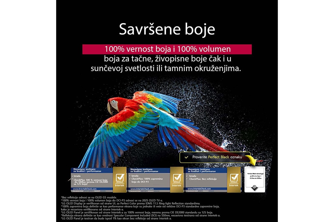 LG 65 inčni LG OLED evo AI G5 4K Smart TV 2025, Zadivljujući i živopisni vatromet je na ekranu televizora. Prikazuje 100% vernost boja koja pokazuje tačne boje čak i na sunčevoj svetlosti.  Vidi se sertifikat logotipa, a Perfect Color Technology pr, OLED65G51LW, thumbnail 8