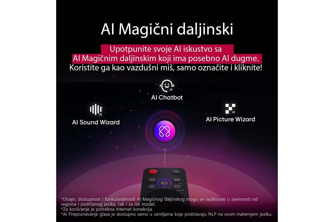 LG 65 inčni LG OLED evo AI G5 4K Smart TV 2025, LG AI Magic Remote je u prvom planu. Ikona AI dugmeta je istaknuta. U pozadini je LG webOS korisnički interfejs. Kursor miša označava da se daljinski upravljač koristi. Tekst objašnjava kako funkcije , OLED65G51LW, thumbnail 10