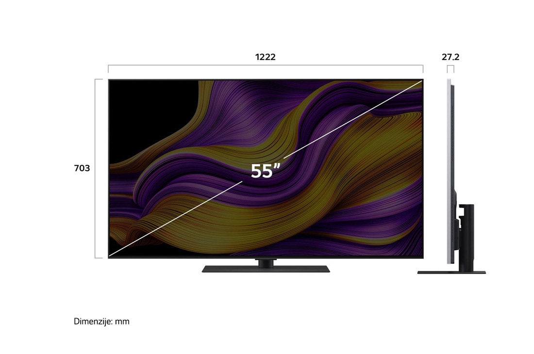 LG 55 inčni LG OLED evo AI G5 4K Smart TV 2025, Prikaz sa prednje i bočne strane LG OLED evo AI G5 4K pametnog televizora koji prikazuje njegove dimenzije dužine, širine, visine i dubine., OLED55G53LS, thumbnail 4