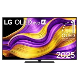 Prikaz sa prednje strane LG OLED evo AI G5 4K pametnog televizora. 12 godina na 1. mestu u svetu, OLED amblem i logotip LG OLED evo AI 2025 su na ekranu.2