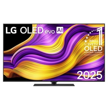 Prikaz sa prednje strane LG OLED evo AI G5 4K pametnog televizora. 12 godina na 1. mestu u svetu, OLED amblem i logotip LG OLED evo AI 2025 su na ekranu.1