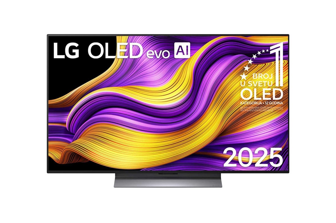 LG 48 -inčni LG OLED evo AI G5 4K Smart TV 2025, Prikaz sa prednje strane LG OLED evo AI G5 4K pametnog televizora. 12 godina na 1. mestu u svetu, OLED amblem i logotip LG OLED evo AI 2025 su na ekranu., OLED48G53LS