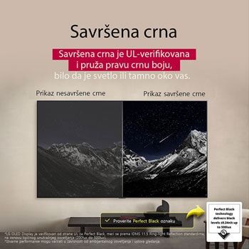 LG 48 inčni LG OLED evo AI G5 4K Smart TV 2025, Dnevna soba sa LG OLED TV-om na zidu. Na TV-u je planinski venac naspram tamnog večernjeg neba ispunjenog zvezdama. Ova scena je podeljena napola. Na jednoj strani je prikazana siva verzija pejzaža be, OLED48G53LS, thumbnail 7