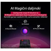 LG 65 inčni LG OLED evo AI G5 4K Smart TV 2025, LG AI Magic Remote je u prvom planu. Ikona AI dugmeta je istaknuta. U pozadini je LG webOS korisnički interfejs. Kursor miša označava da se daljinski upravljač koristi. Tekst objašnjava kako funkcije , OLED65G53LS, thumbnail 9