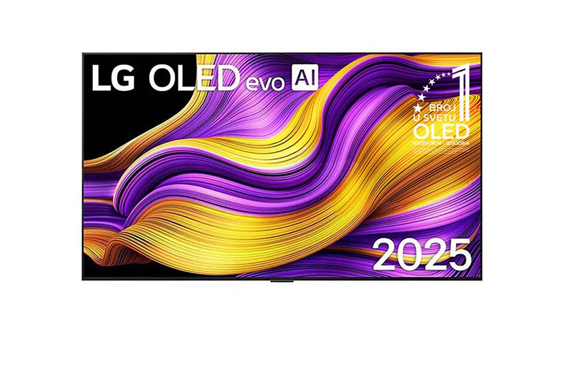 LG 55 -inčni LG OLED evo AI G5 4K Smart TV 2025, Prikaz sa prednje strane LG OLED evo AI G5 4K pametnog televizora. 12 godina na 1. mestu u svetu, OLED amblem i logotip LG OLED evo AI 2025 su na ekranu., OLED55G51LW