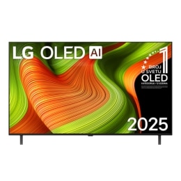 Prikaz sa prednje strane LG OLED AI B5 4K pametnog televizora. 12 godina na 1. mestu u svetu, OLED amblem i logotip LG OLED AI 2025 su na ekranu.
