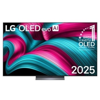 Prikaz sa prednje strane LG OLED evo AI C5 4K pametnog televizora. 12 godina na 1. mestu u svetu, OLED amblem i logotip LG OLED evo AI 2025 su na ekranu.