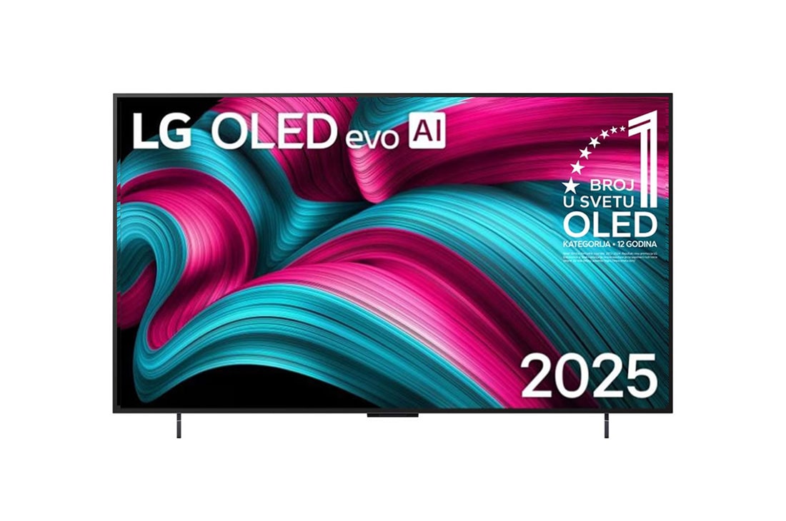 LG 42-inčni LG OLED evo AI C5 4K pametni televizor 2025, Prikaz sa prednje strane LG OLED evo AI C5 4K pametnog televizora. 12 godina na 1. mestu u svetu, OLED amblem i logotip LG OLED evo AI 2025 su na ekranu., OLED42C51LA