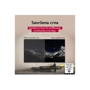LG 65-inčni LG OLED evo M5 4K Smart TV, Dnevna soba sa LG OLED TV-om na zidu. Na TV-u je planinski venac naspram tamnog večernjeg neba ispunjenog zvezdama. Scena je podeljena na dva dela kako bi se prikazalo kako Perfect Black obezbeđuje re, OLED65M59LA, thumbnail 7