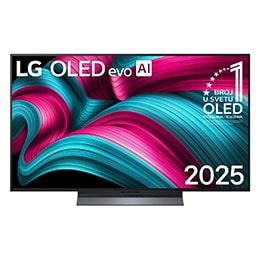 Prikaz sa prednje strane LG OLED evo AI C5 4K pametnog televizora. 12 godina na 1. mestu u svetu, OLED amblem i logotip LG OLED evo AI 2025 su na ekranu.2